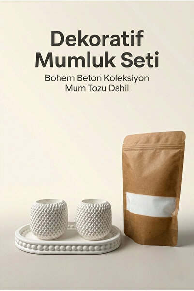 ZURİ DESİGN Modern Dekoratif Beton Biblo Mumluk Seti - Beyaz File Dokulu Tasa...