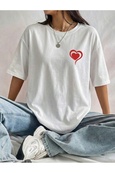 BUWOM Γυναικείο μπλουζάκι με στάμπα κόκκινης καρδιάς, oversize, με λαιμόκοψη ...