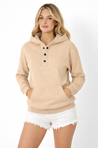 Simyon Style Kadın Çıtçıt Detaylı Oversize Dik Yaka Kanguru Cepli Sweatshirt