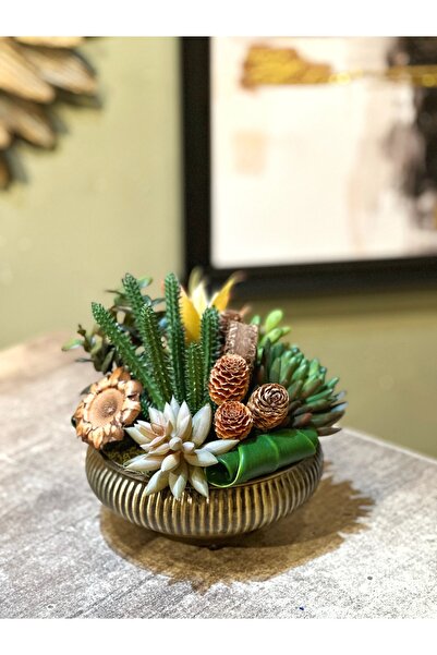 HaRe Home Yivli Metal Saksıda Yapay Sukulent Aranjmanı
