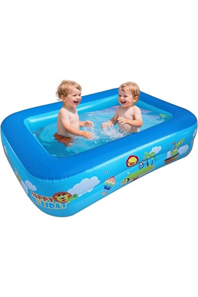 ACYYH مسبح عائلي قابل للنفخ، تصميم مستطيل برسومات كرتونية مرحة، أزرق