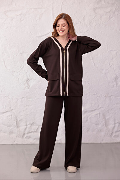zitex Brown-Beige Modal Fabric Tracksuit Set with Gold Zipper Detail