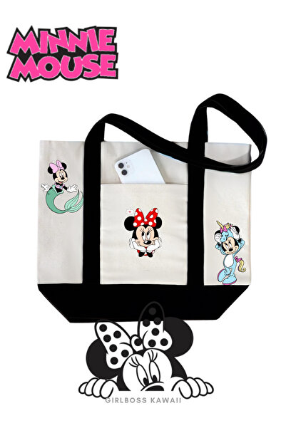 Girlboss Kawaii Minnie Mouse cepli körüklü büyük kanvas çanta / alışveriş , s...