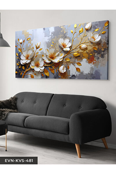 Evinemoda Beli cvet sa zlatnim listovima, jednodijelno platno - slika na platnu