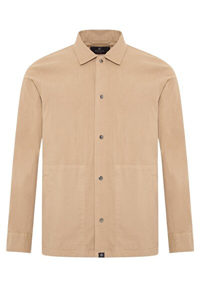 Abbate Renato Dokuma Polyamid Karışımlı Overshirt Fit Bej Klasik Yaka Erkek Düz Overshirt