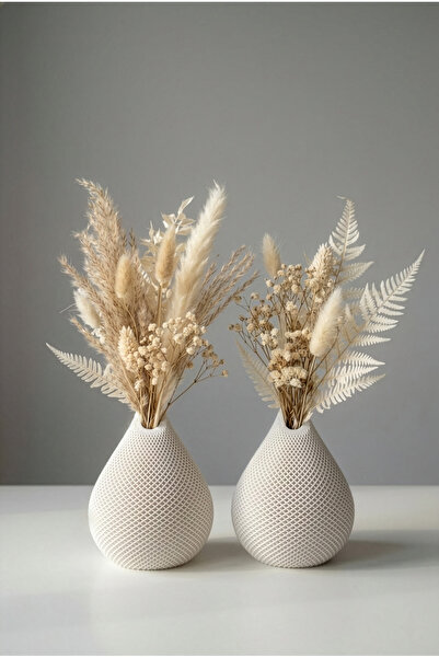 ZURİ DESİGN 2'li Beyaz File Dokulu Damla Form Dekoratif Vazo Seti