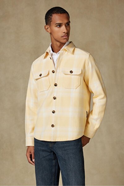 Abbate Fumo Flannel Cotton Overshirt Fit Yellow Classic Collar Men's Plaid Ov...