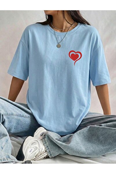BUWOM Γυναικείο μπλουζάκι με στάμπα κόκκινης καρδιάς, oversize, με λαιμόκοψη ...