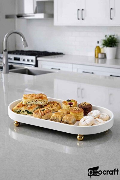 EOCRAFT Luxury Composite Granite Oil Tray and Presentation Plate 30X16 cm Gold Top Footed Presentation Plate (Oval Large Size)