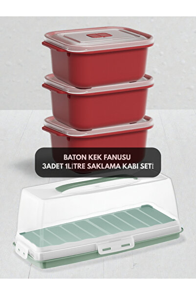 PONÇİK BEBEK Lockable Rectangular Baton Cake Container 37cm - 3 Pieces 1 Lite...