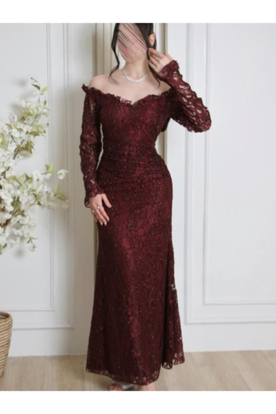 TREN Burgundy Off-Shoulder Lace Evening Dress Long Sleeve Formal Gown Wedding...