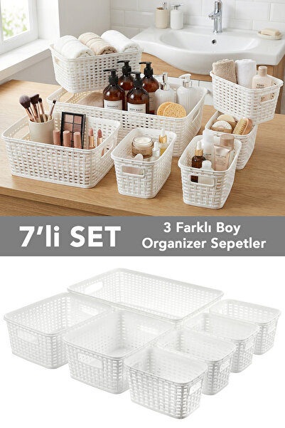 Meleni Home 7'li Çok Amaçlı Organizer Sepet Seti - Banyo Dolap Çekmece İçi Dü...