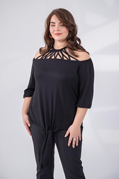 Roxxlen Μαύρη μπλούζα με λεπτομέρεια γιακά για γυναίκες μεγάλου μεγέθους