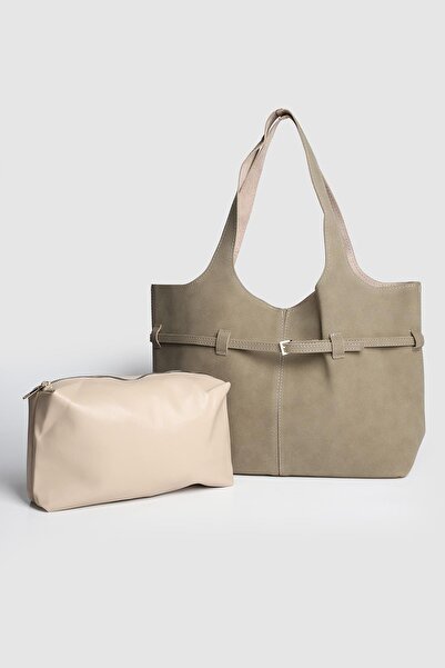 Store حقيبة كتف نسائية كبيرة الحجم من الجلد السويدي مع حقيبة مكياج من بيورلاين