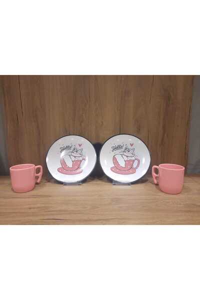 Keramika Breakfast Set for 2 People, 4 Pieces Plate and Tea Cup