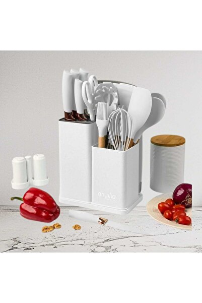 OEM Set 19 ustensile de gătit , Silicon mâner bambus, Termorezistente, suport și tocător, Alb