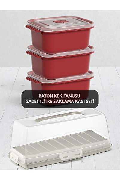 PONÇİK BEBEK Lockable Rectangular Baton Cake Container 37cm - 3 Pieces 1 Lite...