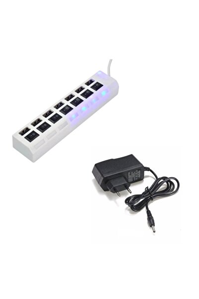 WOZLO 7 Port Usb Hub Çoklayıcı Anahtarlı Switch Işıklı Beyaz Adaptörlü