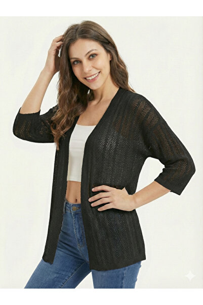 ribana Women's Cream Tasseled Summer Openwork Knitwear Cardigan