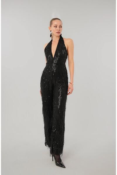 PATRONIZE CREATING YOUR STYLE Siyah Astarlı Dökümlü Pul Payet Sırt Dekolteli ...