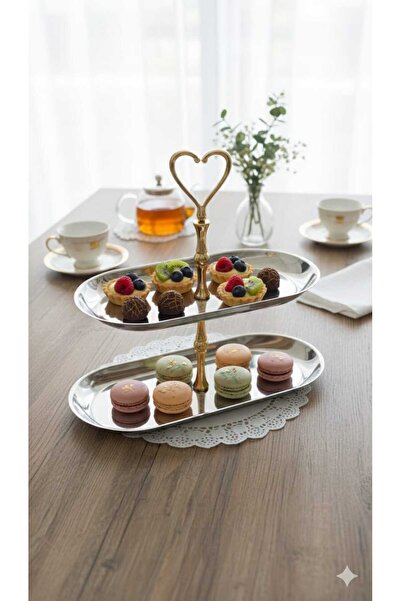 defnem home 2 Katlı Oval Paslanmaz İkramlık, Sunum, Dekorasyon