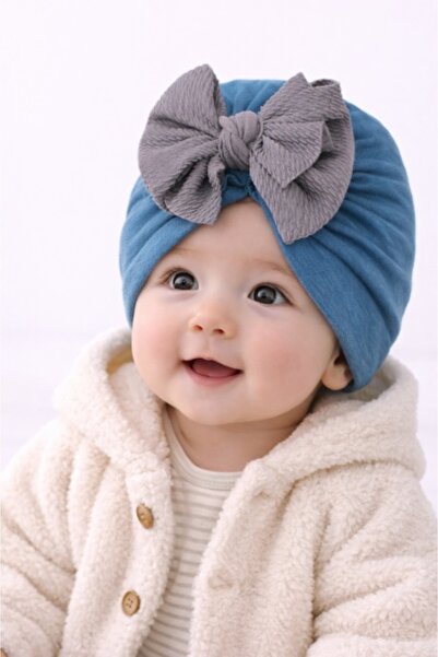 Pure Boutique Caciulita bebelusi tip turban albastru petrol cu funda gri, mat...
