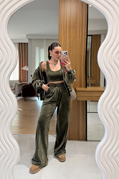 Gizem Ecemiş Jovie Haki Kadife Üçlü Takım