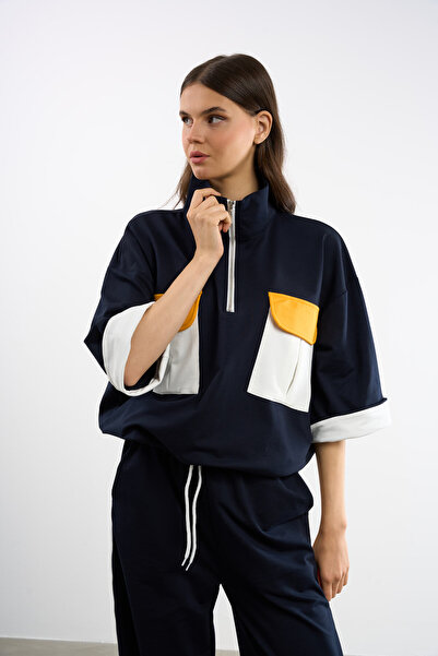 HANIQA Yellow Sweatshirt with Large Pocket Detail and Zipper at the Collar