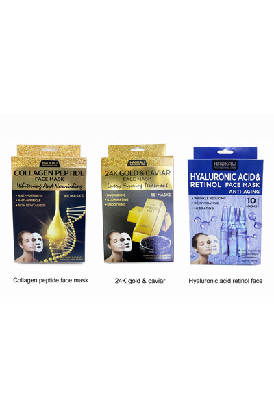 WAOKALI Face Mask Set – Collagen · 24K Gold & Caviar · Hyaluronic Acid (30 Ma...