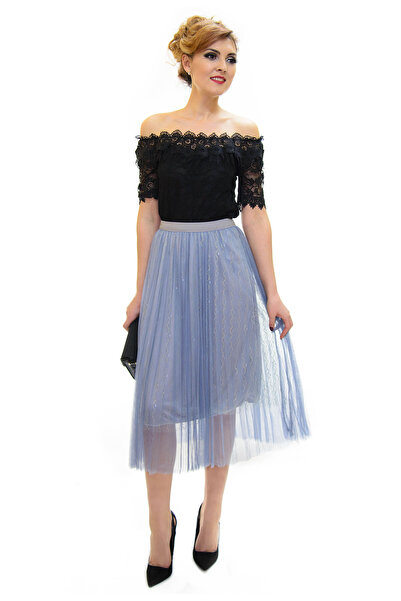 Elis Fashion Blue pleated tulle midi skirt with elastic waist