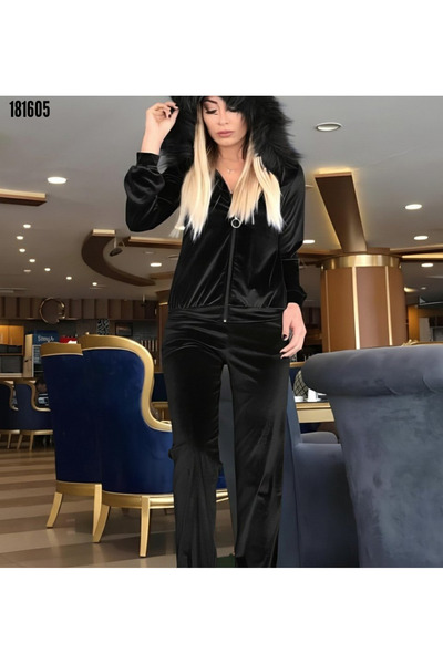 Modayakamoz Kadın Kapüşonlu Fermuarlı Tüy Detaylı Kadife Eşofman Takımı