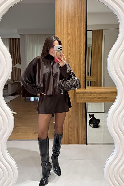 Gizem Ecemiş Josef Kahve Mini Saten Elbise