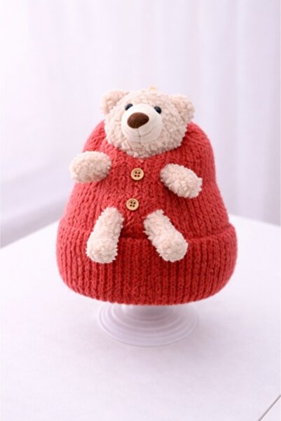 Pure Boutique Knitted baby hat in brick color with teddy bear applique, warm ...