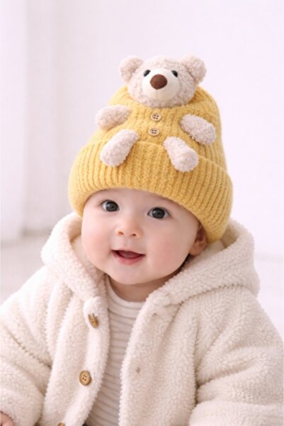 Pure Boutique Mustard yellow knitted baby hat with 3D teddy bear, thick and c...