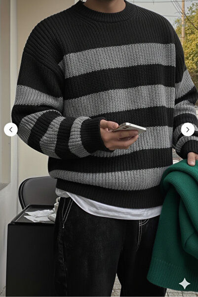 FAVORİST Men's Striped Knitted Tricot Sweater with Circular Neck Btk