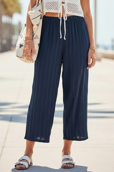 Chiccy Navy Blue Elastic Waist Wide Leg Casual Openwork Knitted Trousers 100 65