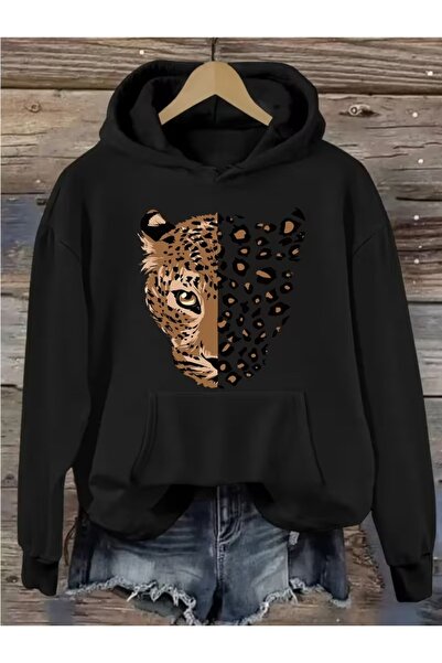 Massgai سويت شيرت بقلنسوة للجنسين برأس الفهد مطبوع بغطاء رأس قصة فضفاضة