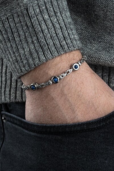 FRNCH 316L Çelik ve Lapis Lazuli Doğal Taşlı Gümüş-Lacivert Renk Erkek Bilekl...