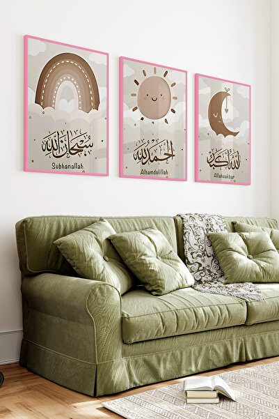 kutuTR Pembe Renkli Ahşap Çerçeveli 2DUV Baskı 3’lü MDF Tablo–Çocuk Odası İçi...