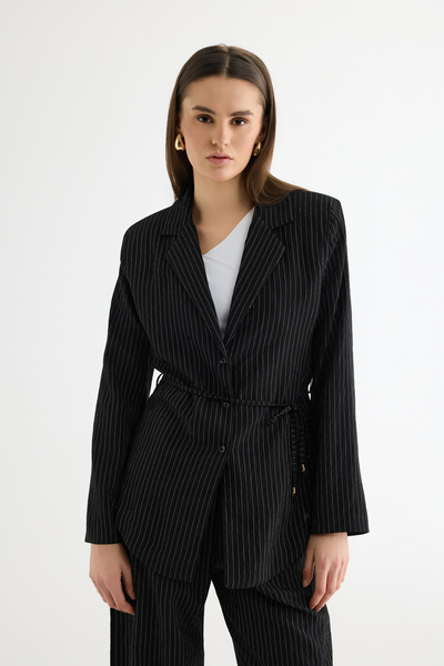 Quzu Striped Lace-Up Shirt Jacket Black