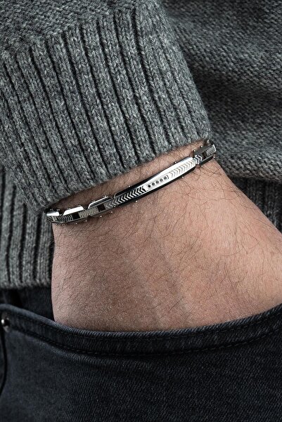 FRNCH 316L Çelik İtalyan Model Siyah Zirkon Taşlı Gümüş Renk Erkek Bileklik F...