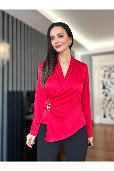 Atelier Derin Red Gold Buckled Wrap Satin Blouse