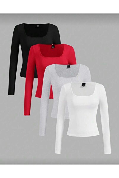 MİLYA&GYM Pachet de 4 bluze crop pentru femei, din bumbac, cu guler pătrat, c...