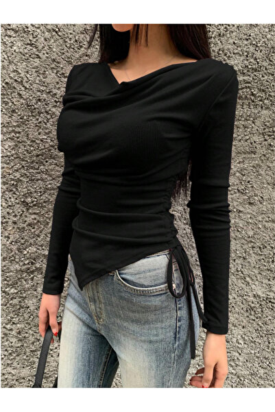 Tarz Cool Women's Solid Color Round Neck Long Sleeve Asymmetrical Hem Blouse