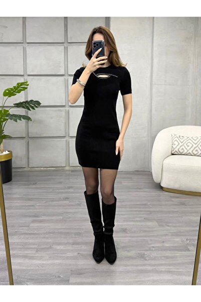 Coral Boncuk Ve Göğüs Detaylı Elbise 140458 Siyah