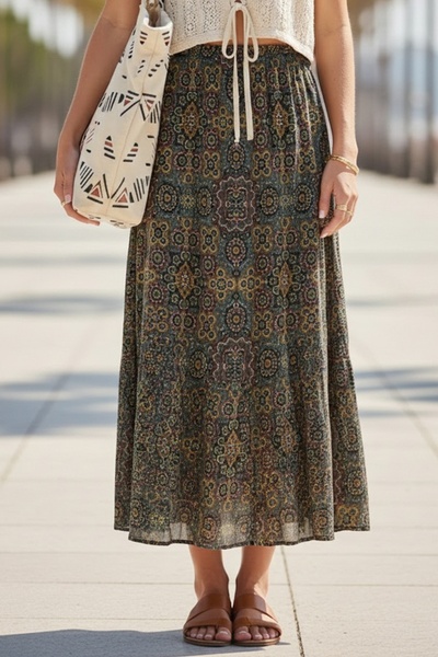 Chiccy Green Ethnic Patterned All-Over Printed Elastic Waist Casual Loose Wov...