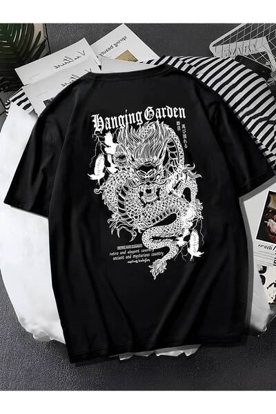 Unisex Kadın/Erkek DRAGON Özel Baskılı Oversize Pamuklu Bisiklet Yaka Penye T-Shirt