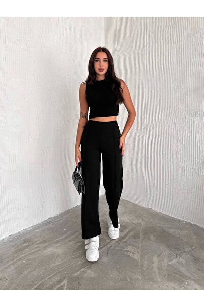 KUPON TEKSTİL Γυναικείο ΜΑΥΡΟ Παντελόνι Λύκρα με φαρδιά μπατζάκια, ψηλόμεσο, ...