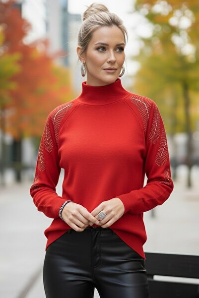 Chiccy Red Turtleneck Long Sleeve Slim Stone Casual Knitwear Sweater 65 60