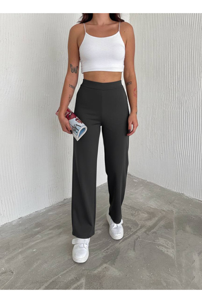 KUPON TEKSTİL Women's Anthracite Wide Leg Pants piped High Waist Soft Texture...